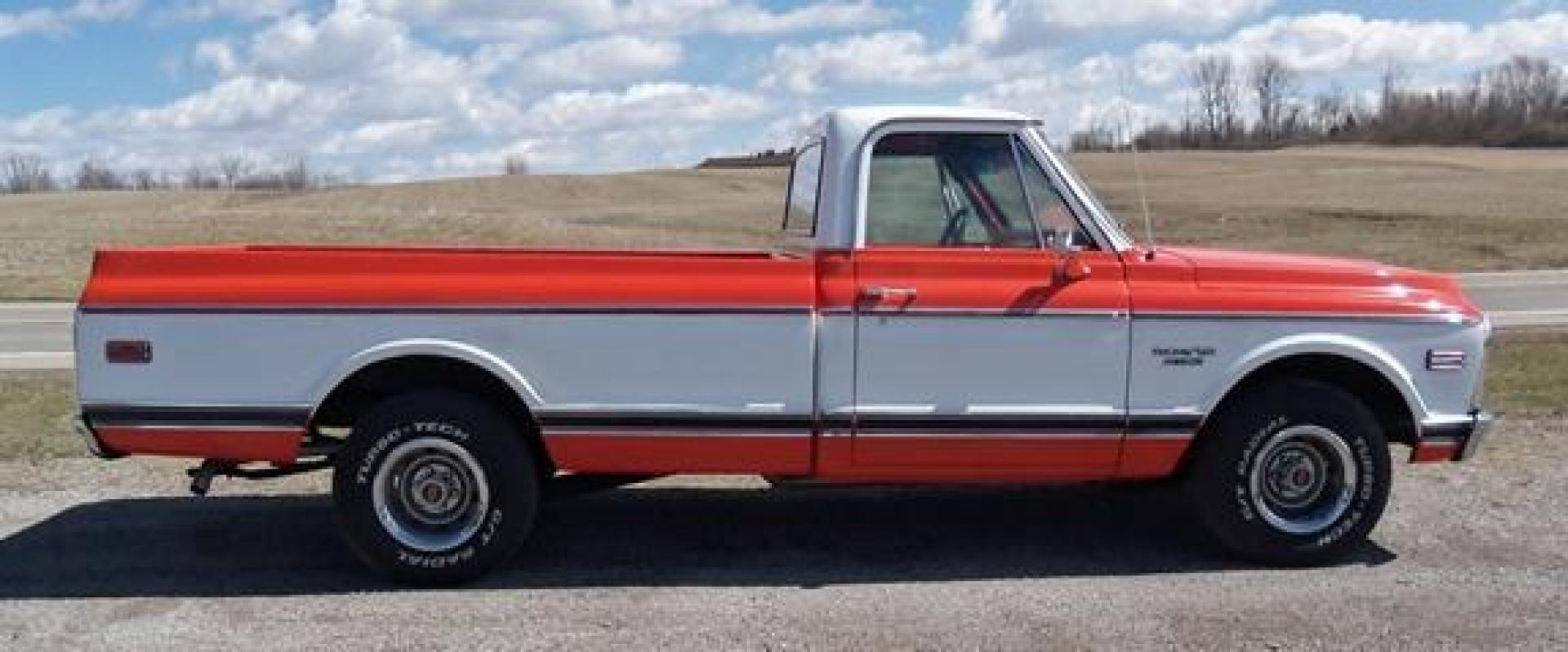 1970 Orange/White Chevrolet C10 with an 328 V8 engine, located at 1725 US-68 N, Bellefontaine, OH, 43311, (937) 592-5466, 40.387783, -83.752388 - 1970 CHEVROLET C10 CUSTOM ½ T Pick-up, High-performance “383 Stroker” V-8 w-headers Auto, Orange w-white Inserts, Black Lth Interior, custom wood steering wheel, PS, PB, Retro AM-FM-CD, gauges, dual exhaust, rally rims w-white letter tires, chrome bumpers & grille, Bed mat.	. Professionally wet - Photo#5